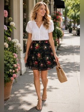LOFT Floral Tiered Chiffon Mini Skirt Women’s M Black Romantic Rose Print